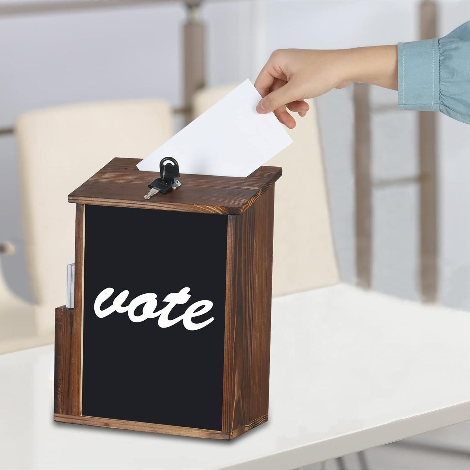 Lockable Suggestion Box: Wooden Charity Donation Boxes Wall Mounted Comment Ballot Box with Secure Lock Card Holder and Writing Blackboard image number 5