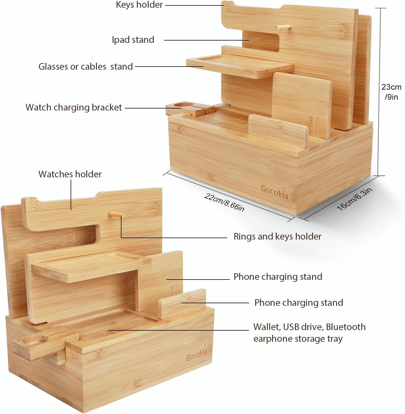 Bamboo Multiple Device Docking Station Phone Key Holder Laptop Tablet Wallet Watch Stand image number 3