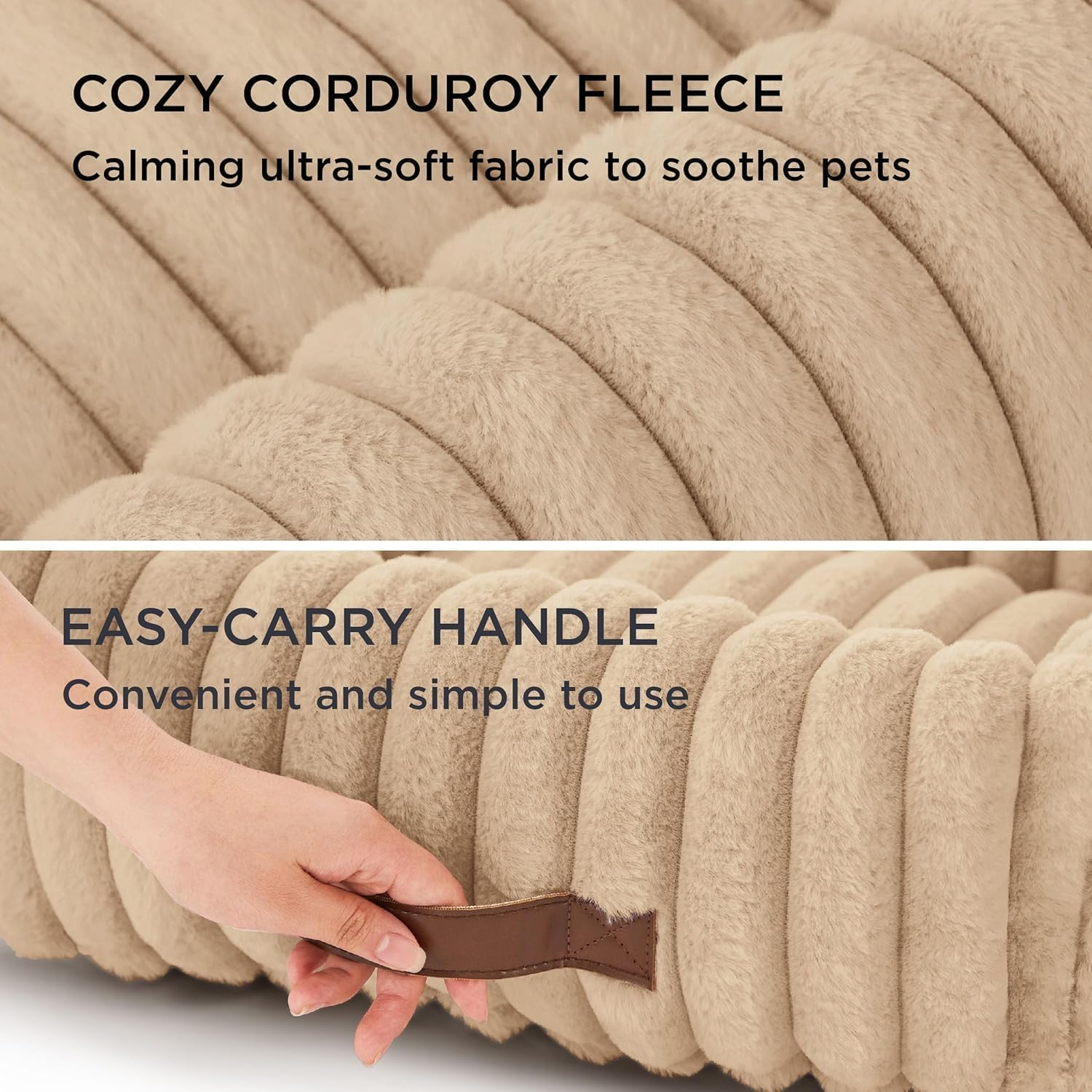 Pet Couch Bed for Small Medium Dogs, Cats - Washable Furry Puppy Beds, Rectangle Orthopedic Corduroy Fleece Pet Beds with Removable Zipper Cover (Beige, 63 X 53 X18 CM)