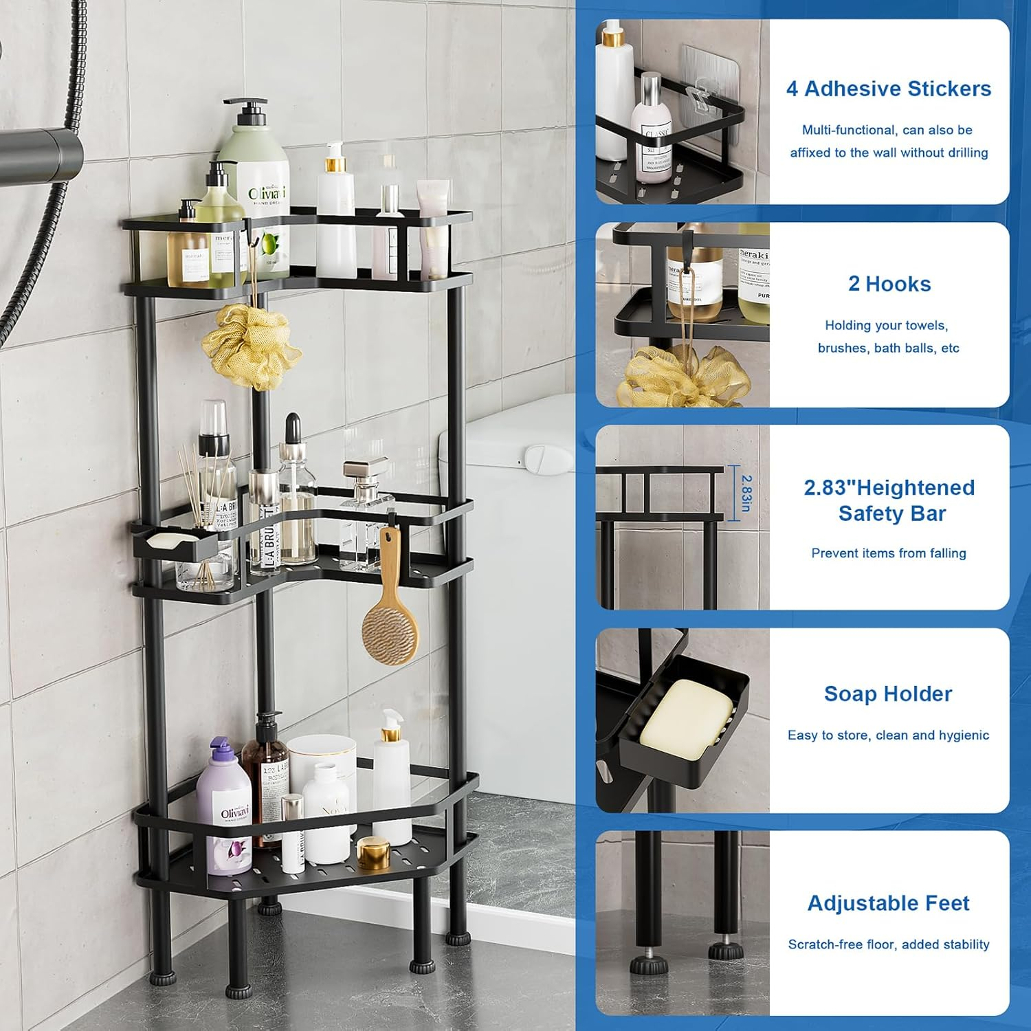 3 Pack Corner Shower Caddy, Bathroom Shelf 2-In-1, Shower Organiser No Drilling, Black Rust-Resistant Adhesive Shower Shelf, Shower Storage with Soap Holder, Bathroom Accessories image number 6
