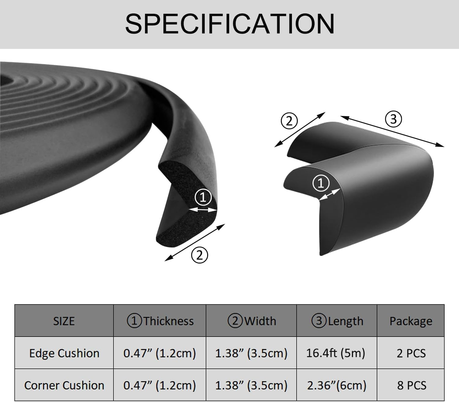 Aedlcal Edge Corner Protector, Baby Proofing Edge Protector Pre-Taped Edge Protector Strip with 8 Corner Guards Soft Rubber Foam Cushion Furniture Corner & Edge Safety Bumpers (Black, 32.8Ft/10M) image number 6