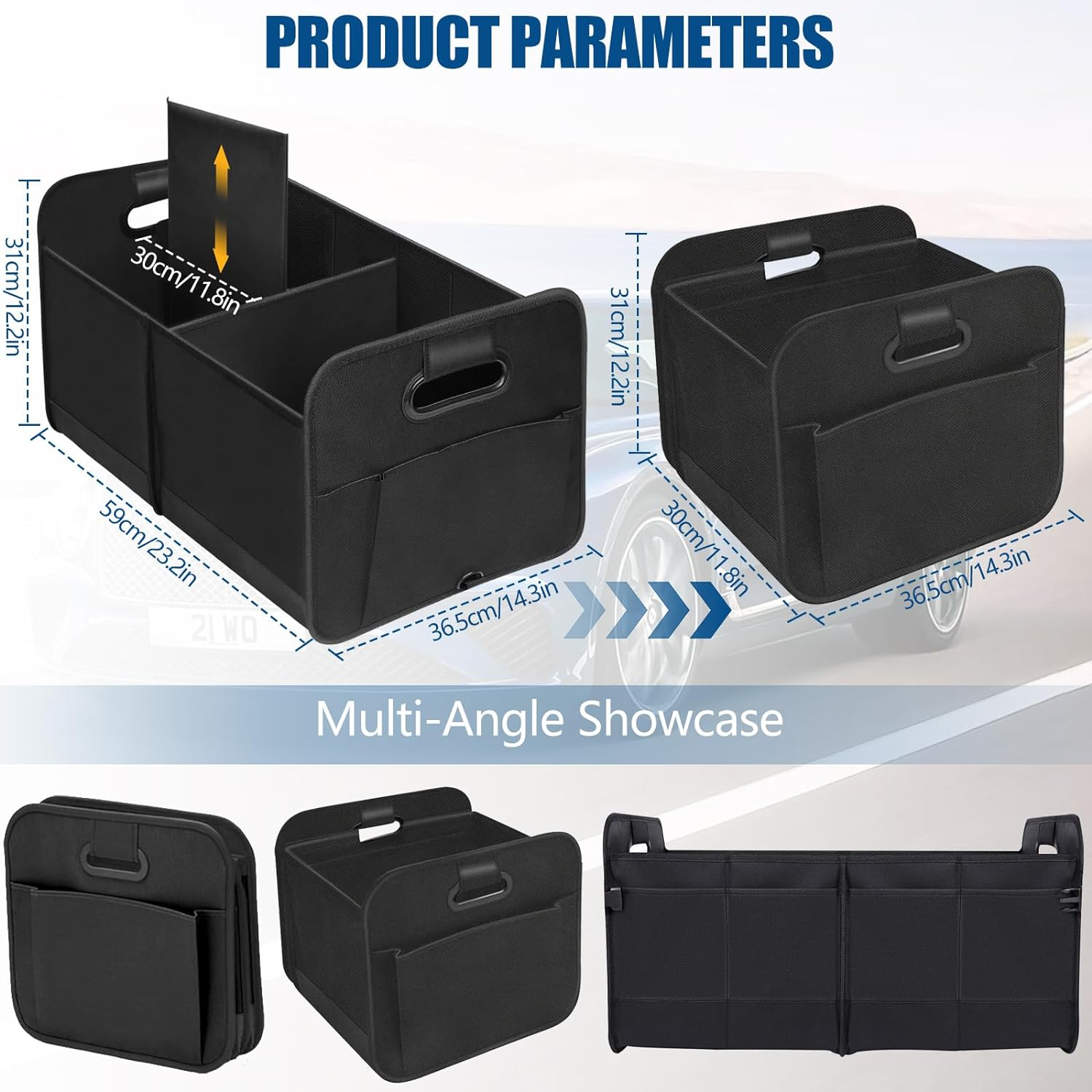 Car Trunk Organizer, Vehicle Boot Storage Bag, Super Capacity Seatback Collapsible Adjustable Compartment Reinforced Handles Trunk Tidy Cargo Organiser 600D for Sedan SUV RV ORV image number 3