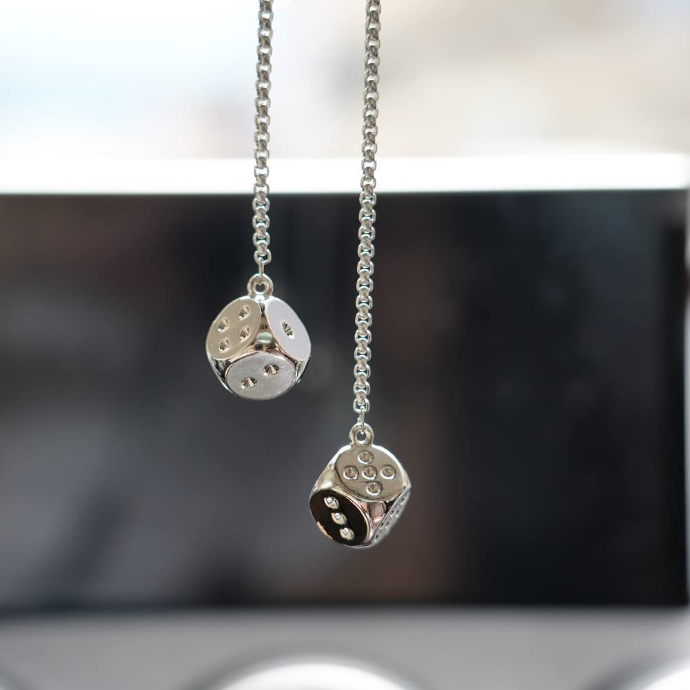 Creative Hanging Dice with Dots Car Metal Pendant Rear View Mirrors Charms Ornament (Silver) image number 5