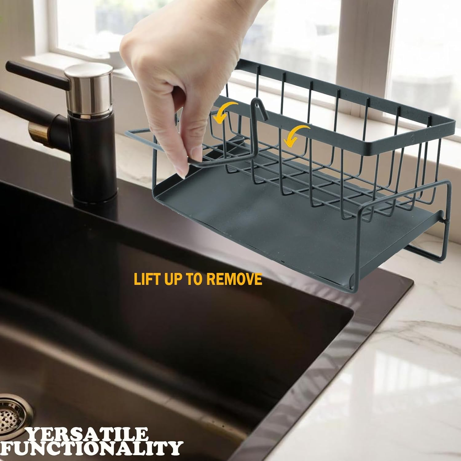 Stainless Steel Sink Organizer, Auto-Drain Kitchen Sink Caddy, Countertop Mount, Dishware, Black