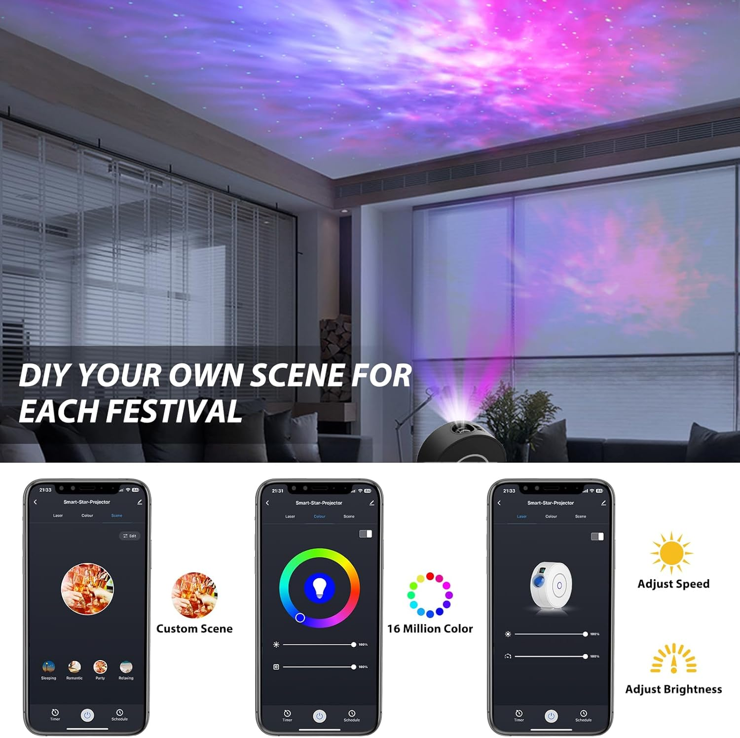 Smart Star Projector Galaxy Light, LED Starry Sky Night Light Control by Wifi App and Voice, Compatible with Alexa & Google Home, Adjustable Cloud Stars, Brightness and Time (Black)