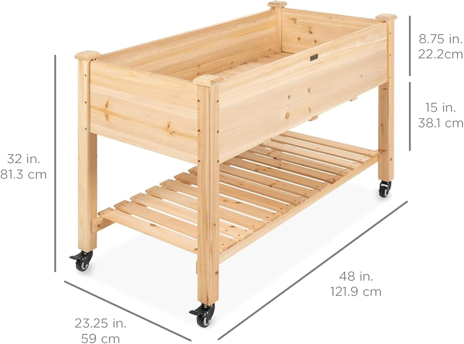 Natural Raised Garden Bed with Wheels, Mobile Elevated Wood Planter Box for Outdoor Patio, Deck, Balcony, Backyard, 120 * 59 * 80CM