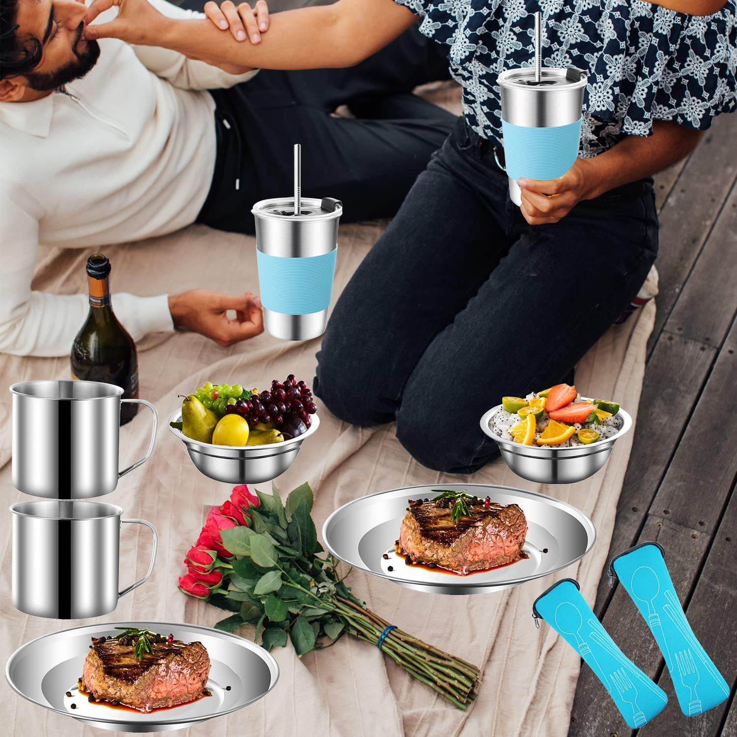 12Pcs Camping Mess Kit Camping Dishes Set Stainless Steel Tableware Mess Kit Includes Plate Bowl Cup Spoon Fork Knife in Mesh Bags for Camping Backpacking & Hiking for 1 Person&hellip; image number 6