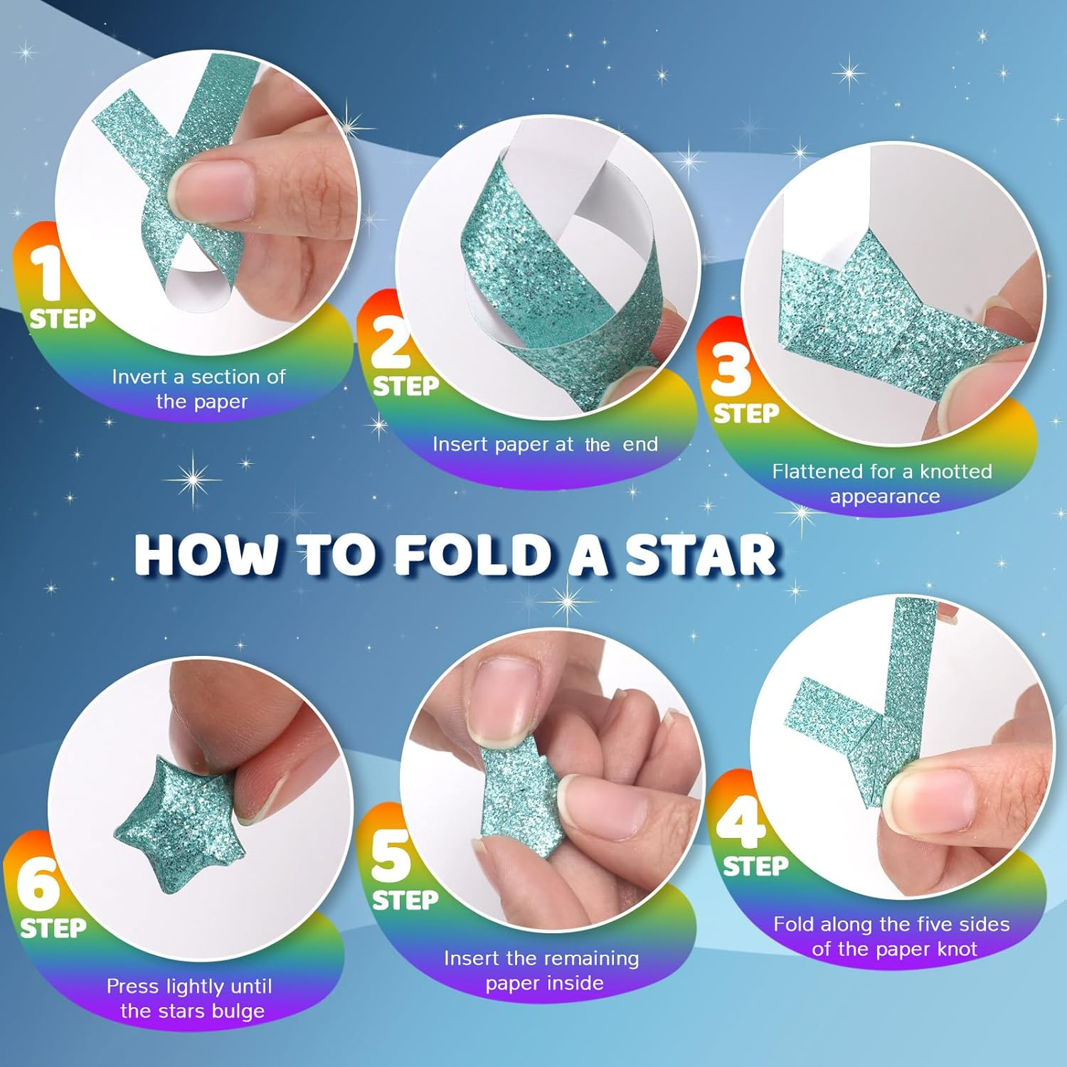 520 Sheets Glitter Origami Star Paper, 7 Colors Single Sided Paper Strips, Colourful Decoration Lucky Star Folding for Art Crafts Gift DIY Supplies image number 2