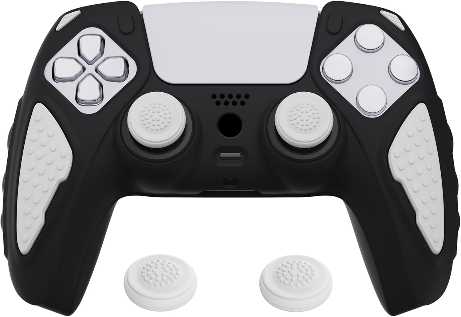 Playvital Knight Edition Black & White Two Tone Anti-Slip Silicone Cover Skin for Ps5 Controller, Soft Rubber Case for Ps5 Wireless Controller with Thumb Grip Caps