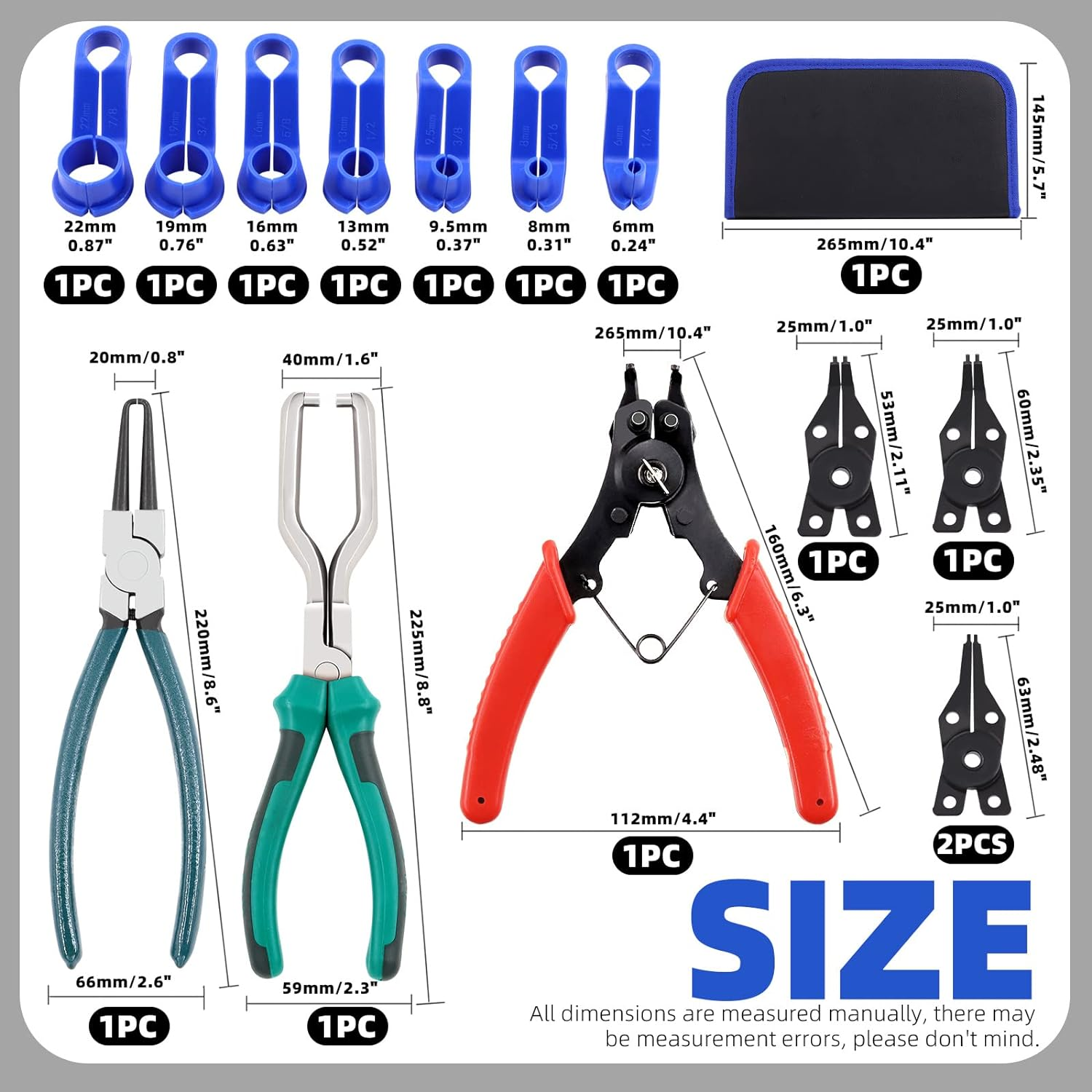 Glarks 10Pcs Fuel Line Pliers Kit, 9 Inch Fuel Filter Calipers and Hose Pipe Clamp Disconnect Release Removal Pliers and 4 in 1 Snap Ring Pliers with 7Pcs AC Fuel Line Disconnect Tool Set image number 1