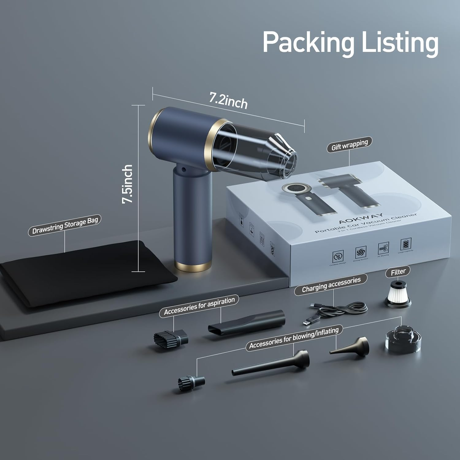 Aokway Car Vacuum Cleaner High Power 5000PA Handheld Cordless Portable Vacuum Cleaner for Car Strong Suction Typer C Car Interior Cleaning (Blue)