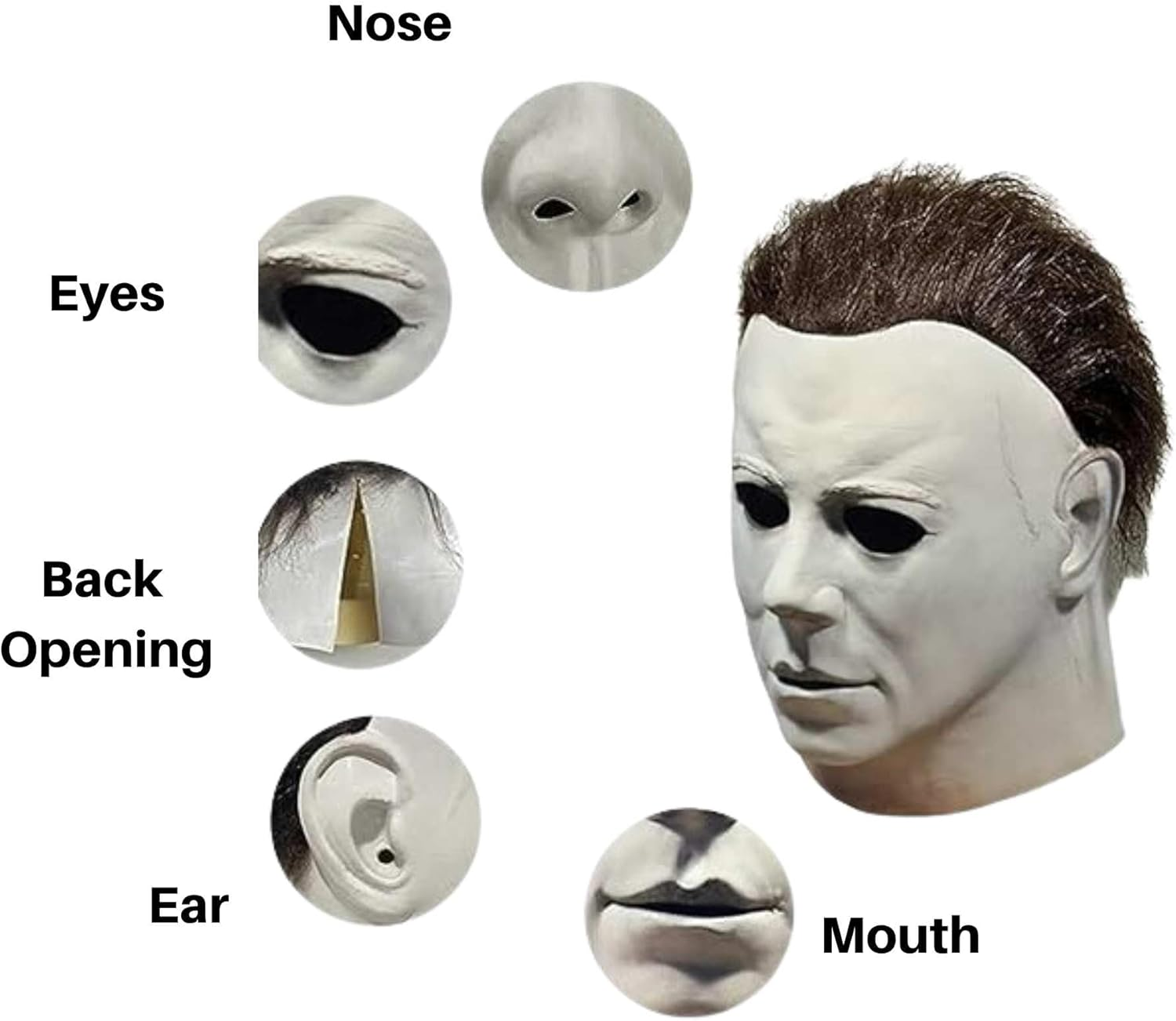 Halloween Michael Myers Mask for Adults Scary White Mask Original Michael Myers Face - Full Head Mask with Hair Cosplay Costume Theme Party Latex Props - image number 6