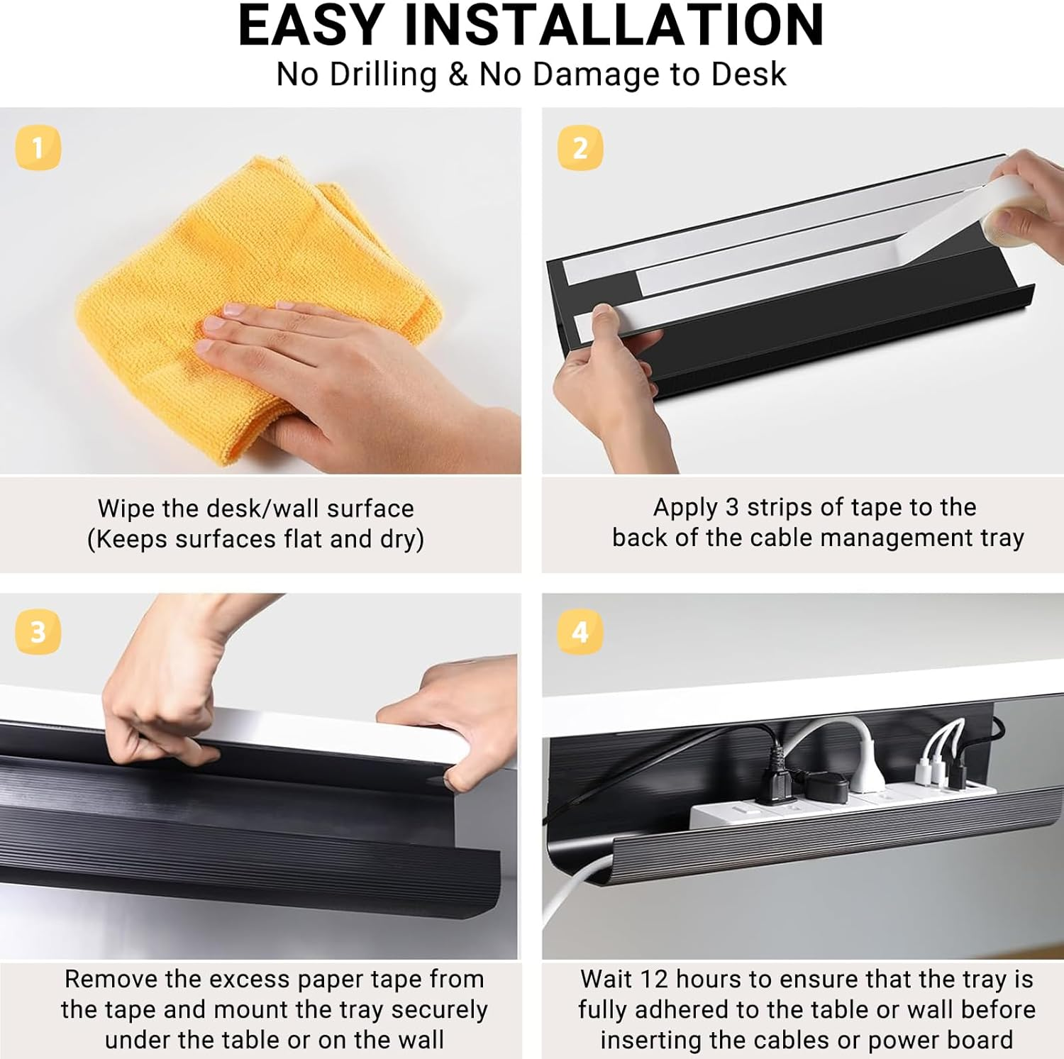 Ixtra under Desk Cable Management Tray 2 Pack 40Cm No Drill PVC Cord Organizer Box Self-Adhesive Installation Wire Management Computer Cable Hider for Standing Desk Office & Home-Black image number 5