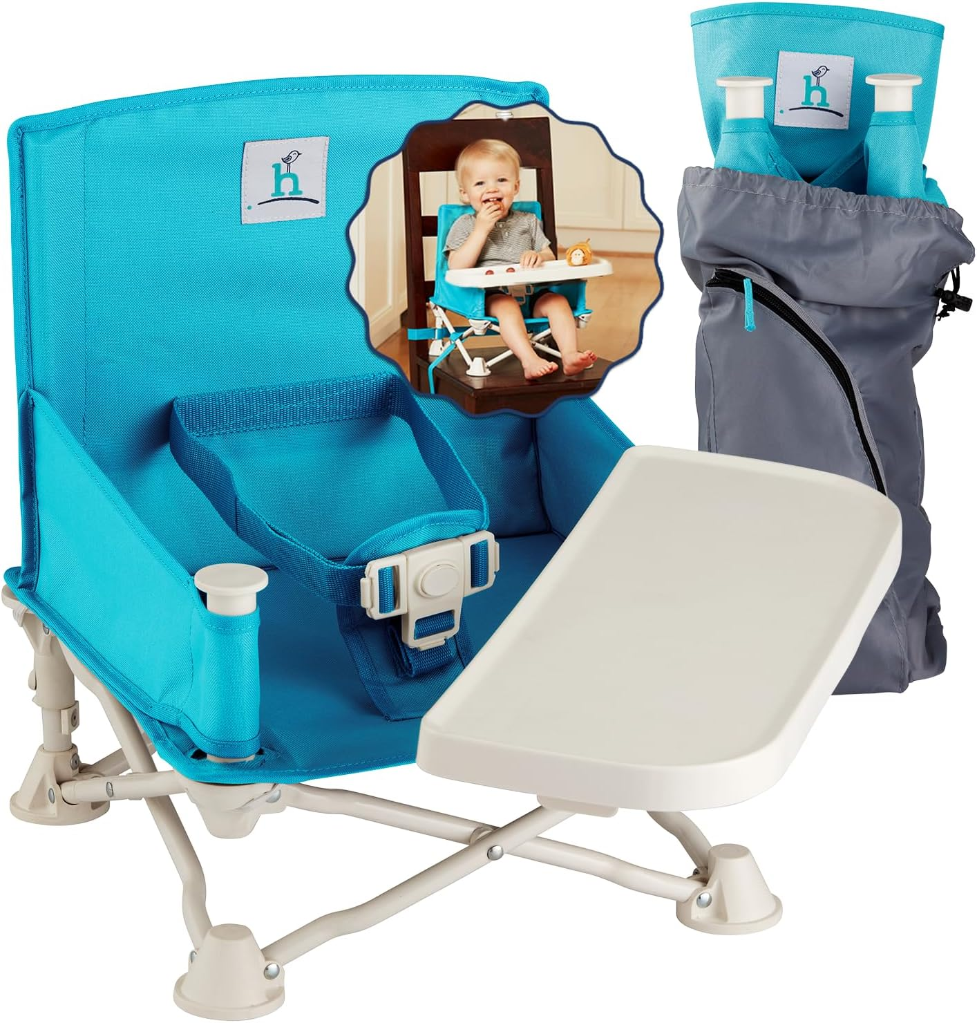 Hiccapop Omniboost Travel Booster Seat with Tray for Baby | Folding Portable Baby Booster Seat for Dining Table, Camping, Beach, Grandma&rsquo;S | Tip-Free Design Straps to Kitchen Chairs - Booster Chair