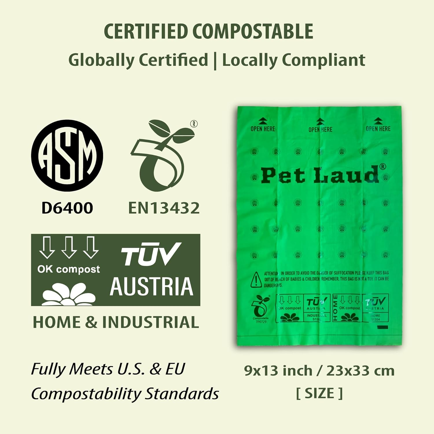 Petlaud Compostable Dog Poop Bags &mdash; Extra Thick, Leakproof, Plastic-Free &mdash; Certified ASTM D6400 & EN13432 &mdash; 60 Count