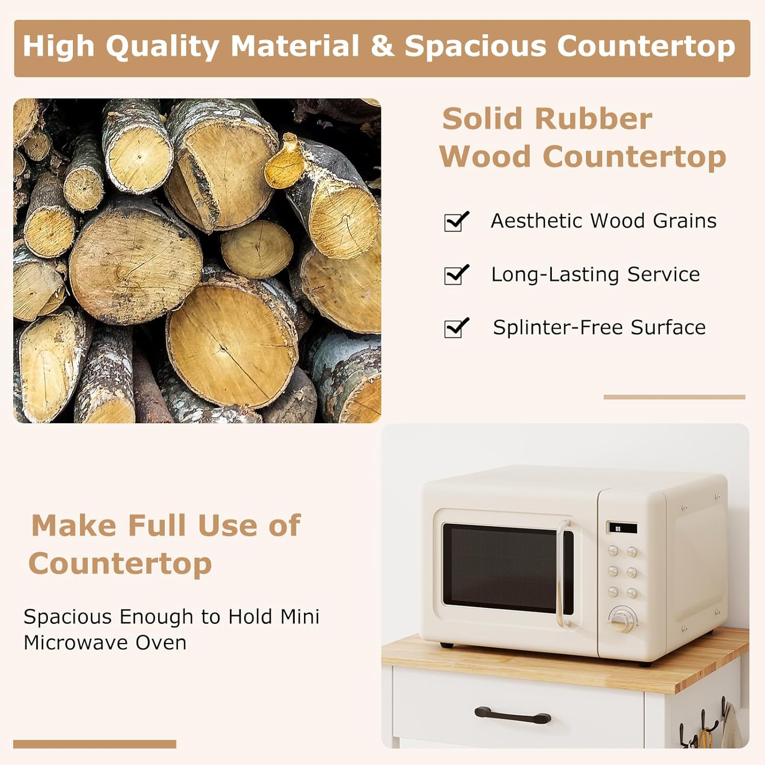 Giantex Small Kitchen Island Cart on Wheels, Rolling Kitchen Island W/Rubber Wood Top, Large Drawer, 3 Hooks, Open Shelf, Door Cabinet, Suitable for Kitchen & Dining Room, White image number 5