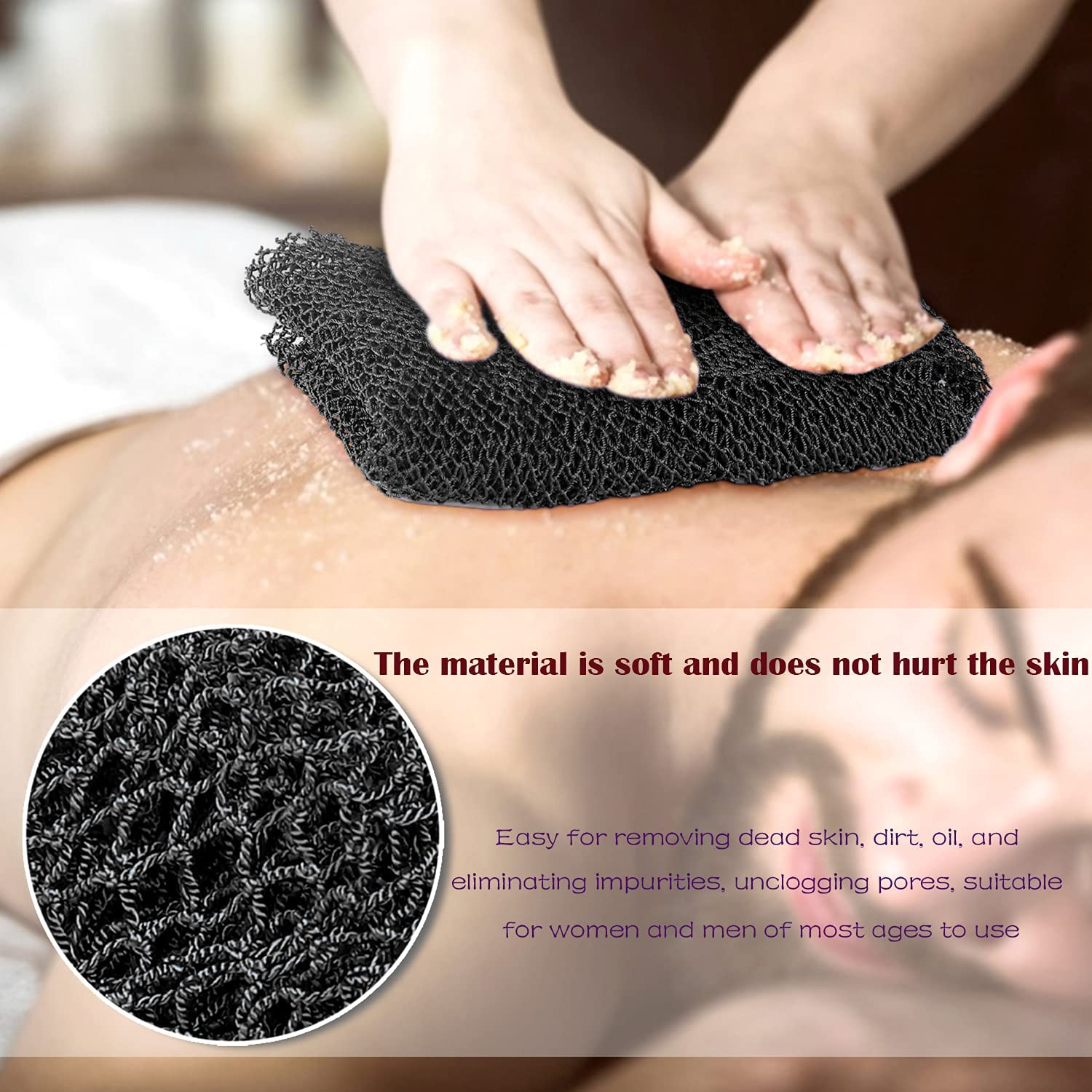 JASSINS African Net Long Bath Net Sponge, Bathing Body Exfoliating Shower Body Back Scrubber Skin Smoother,Stretch Length to 66 INCH (Black) - Black image number 3