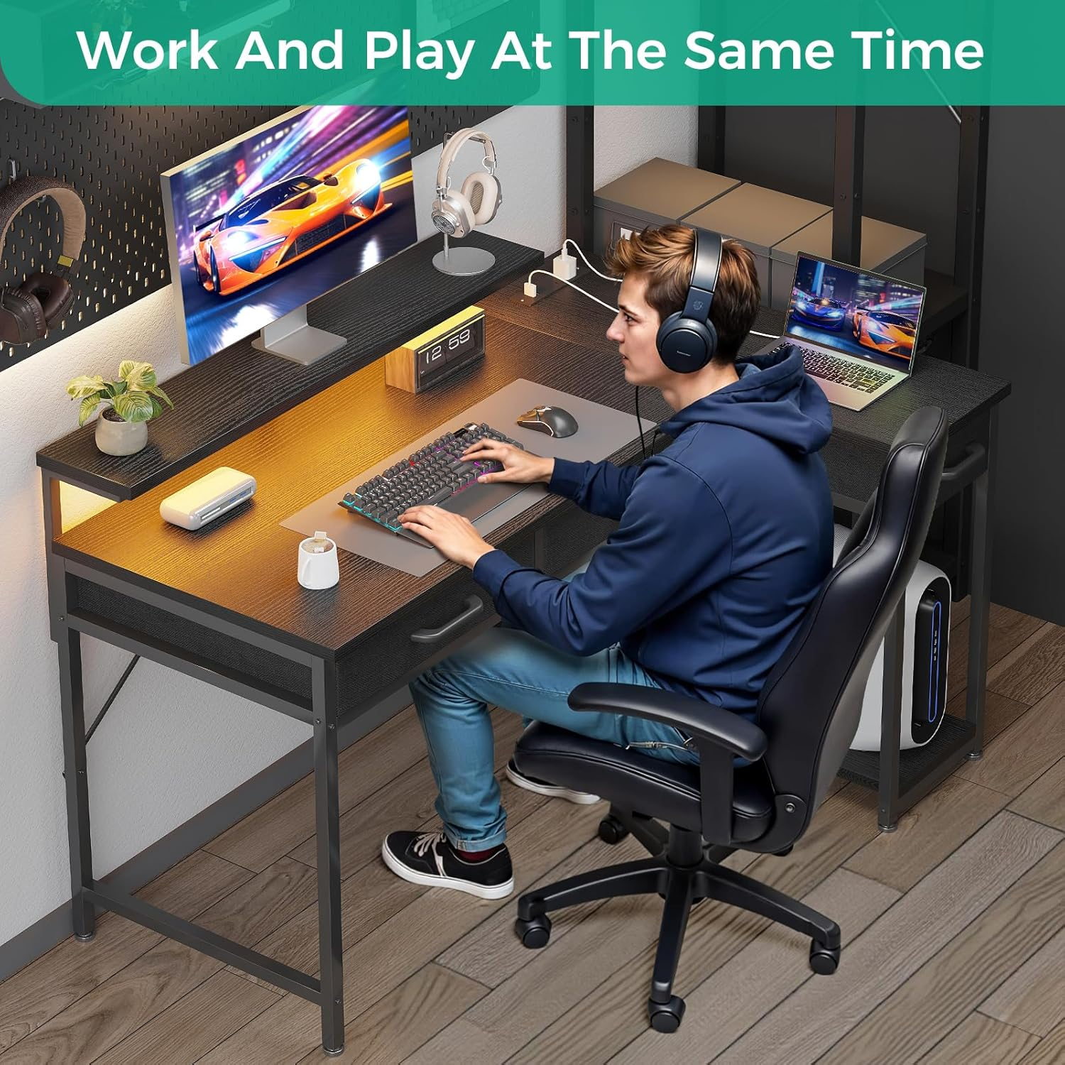 ODK L Shaped Computer Desk with 10 Colour RGB LED Lights&2 AC Outlets, Home Office Desk with Flexible Monitor Stand, Corner Desk with 3 Drawers Reversible Storage Shelves，126 * 80 * 92.7Cm, Black