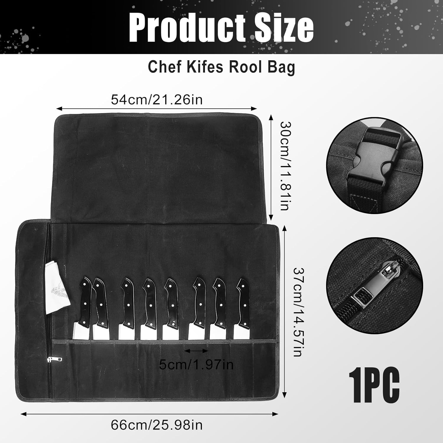 Chef'S Knife Roll Bag - Heavy Duty Waxed Canvas with 11 Slots (10+1 Zipper Pocket), Portable Kitchen Knives Bag for Home/Camping, Waterproof & Shoulder Strap Included (Black) image number 1