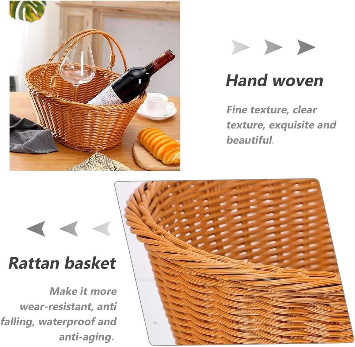 AIMALL 1 Piece Rattan Picnic Basket 10.6X13.8X5.9 Inches Handwoven Portable Basket for Outdoor, Supermarket Shopping, Storage and Pastoral Picking image number 3
