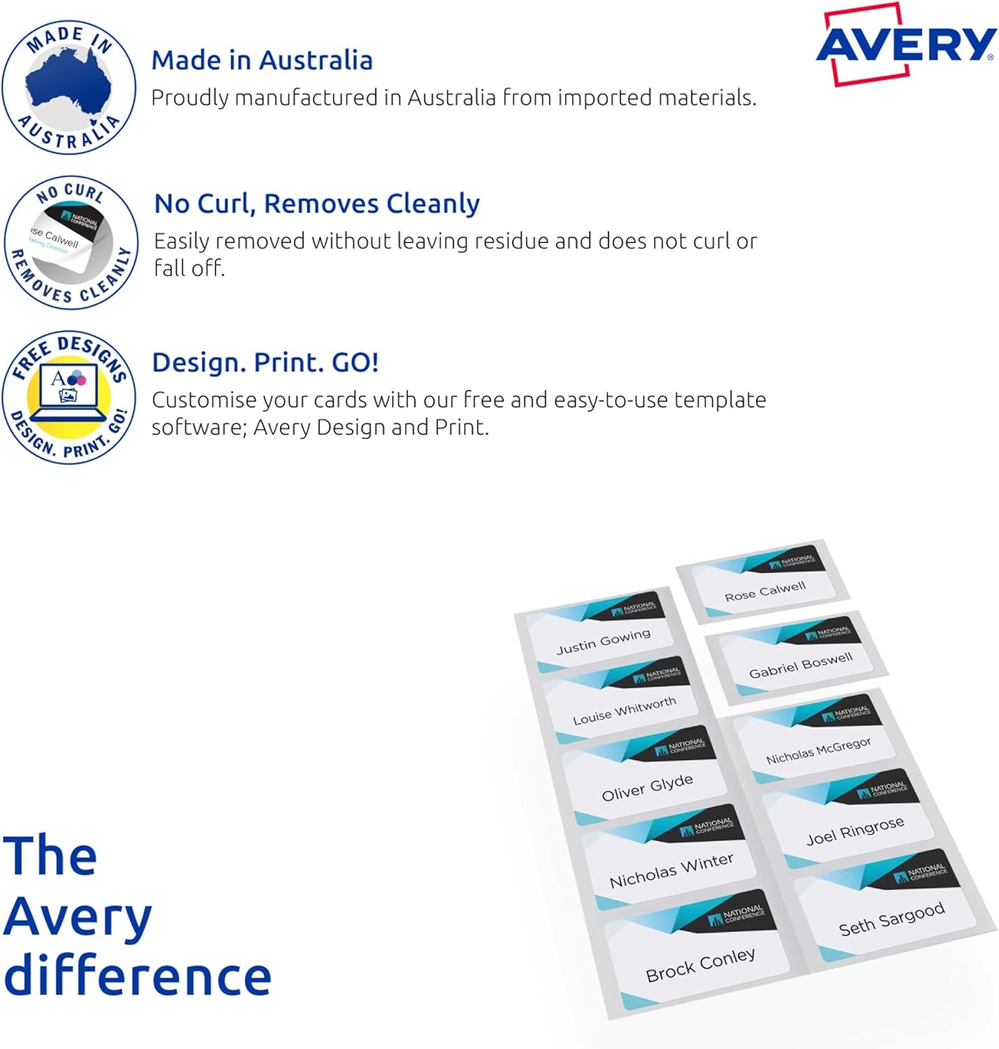 Avery Australia Print and Divide Fabric Name Badge Labels - Personalised Name Tags - 150 Self Adhesive Naming Stickers for Laser Printers - White 235 GSM - 88 X 52 Mm, 15 X A4 Sheets - 980040 / L7427 image number 1
