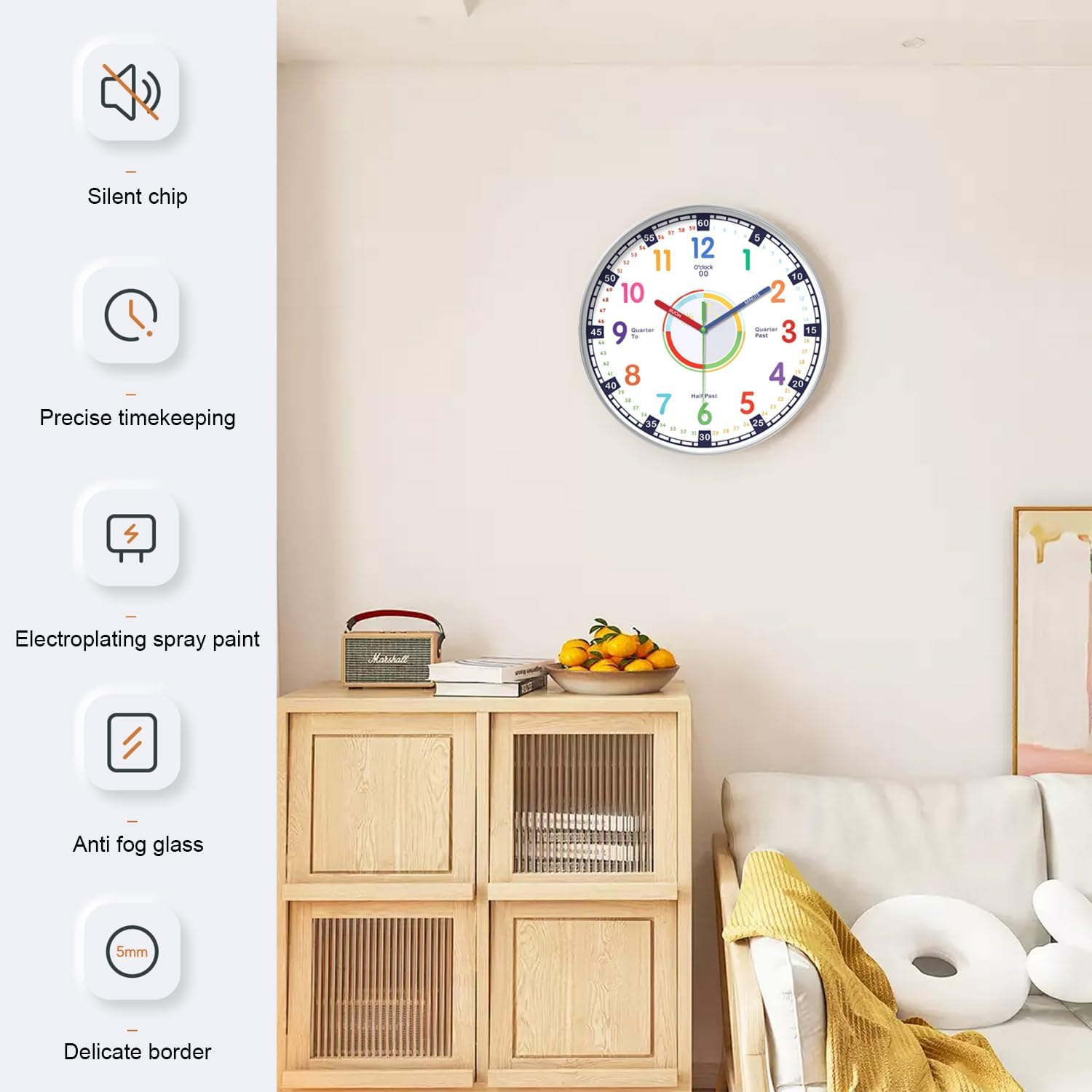 12 Inch Silent Wall Clocks, Kids Wall Clock for Bedroom, Non-Ticking Silent Clock, Quartz Classic Decor Clock, Large round Clock for Boys and Girls Classroom Home Decor (Silver) image number 1