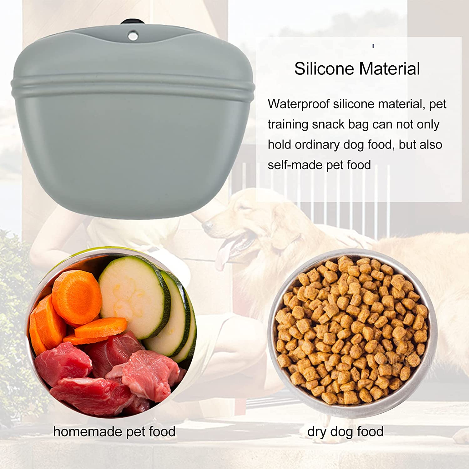 Pet Training Dog Treat Bag Pouch Silicone with Clip Waist Pack Feed Outdoor Dog Training Snack Bag Gray