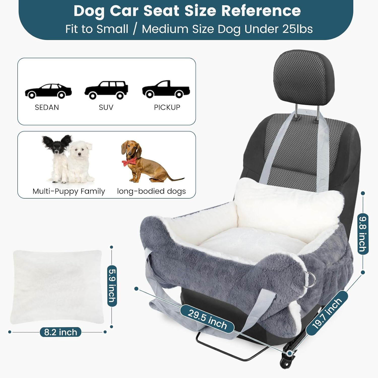 29.5"X19.7"X9.8" Dog Car Seat for Middle Dogs & Cats, Car Seat for Dogs with Plush Cushion, Non-Slip Bottom & Safety Leash, Cat & Dog Bed with Side Pocket for Sedan, SUV and Truck, Washable image number 2