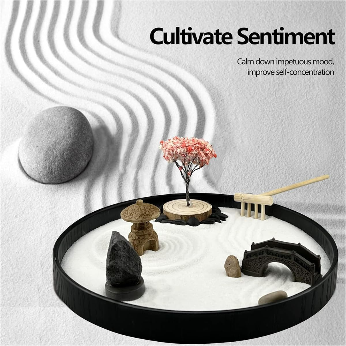 Zen Garden Desk Kit - 8IN, round Tray with Rake, Mini Zen Japanese Decor, for Home Office Relaxation, Meditation, and Gift image number 4