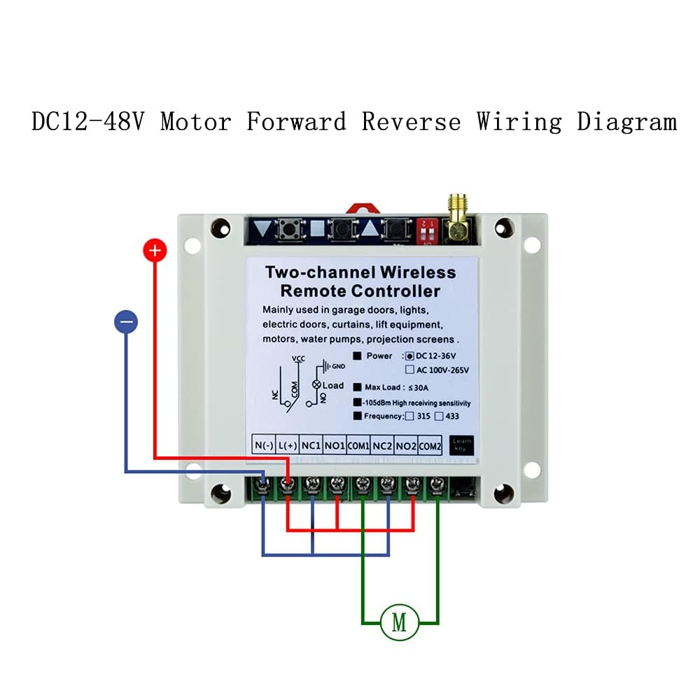 Wireless Control Switch DC 12V 24V 36V Motor Forward and Reverse Switch, 2 Channel 30A Relay Remote Control Learning Switch Use for Garage Doors, Window, Motor & More image number 1