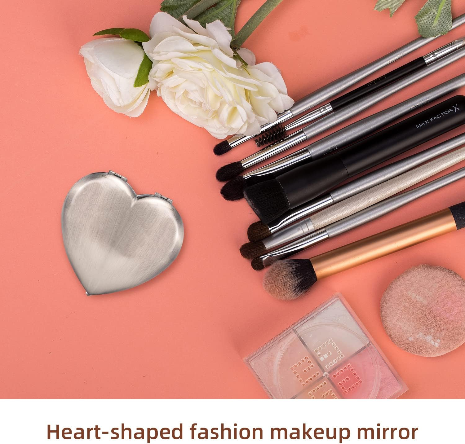Mini Vintage Heart Elegant Makeup Mirror, Portable 1X/2X Magnifier (Silver) image number 6
