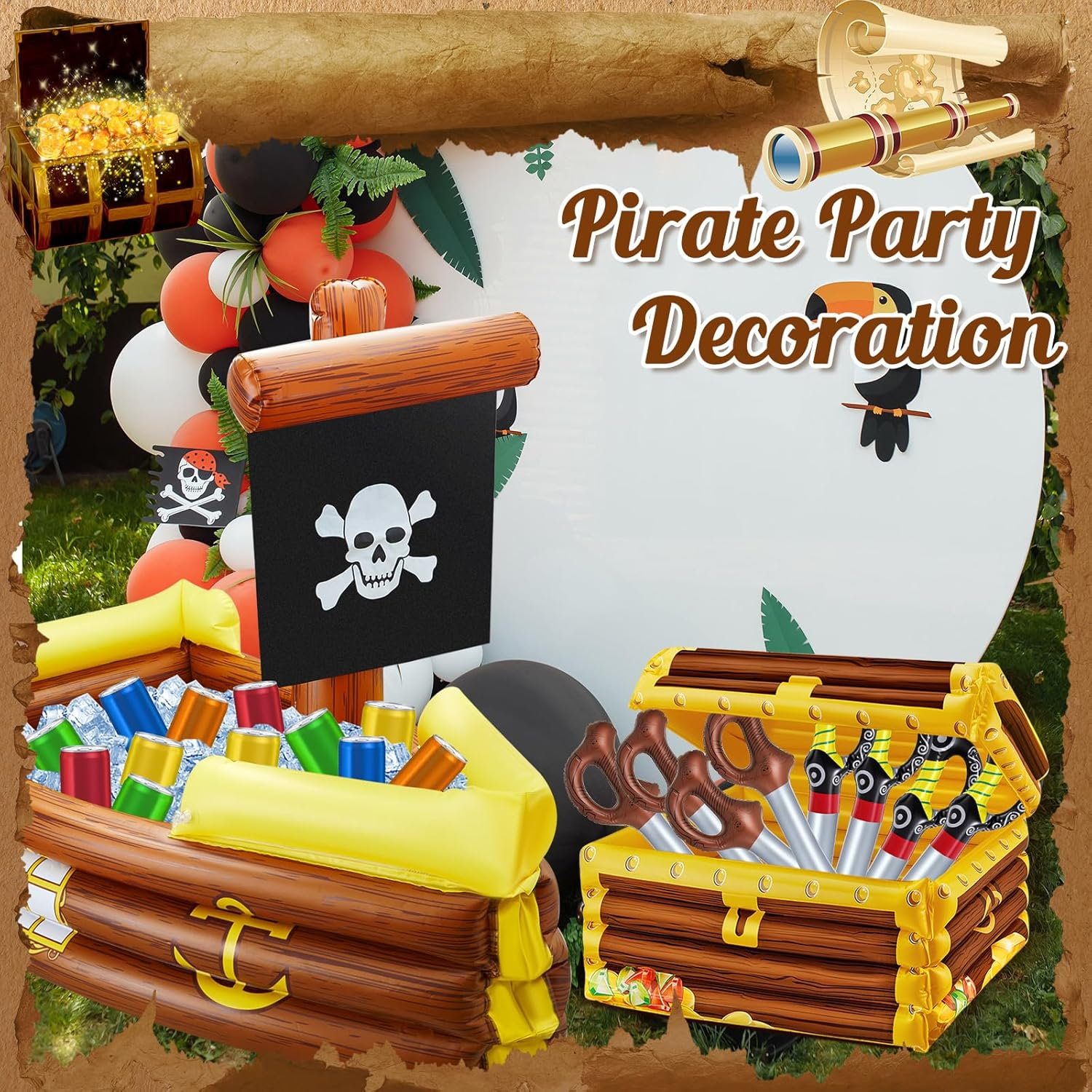Cunhill 14 Pcs Inflatable Pirate Ship Drink Cooler Treasure Chest Set Party Decoration 1 PC Pirate Ship 1 PC Blow up Treasure Chest 12 Pcs Sword for Kid Birthday, Pool, Carnival Mardi Gras Party image number 1