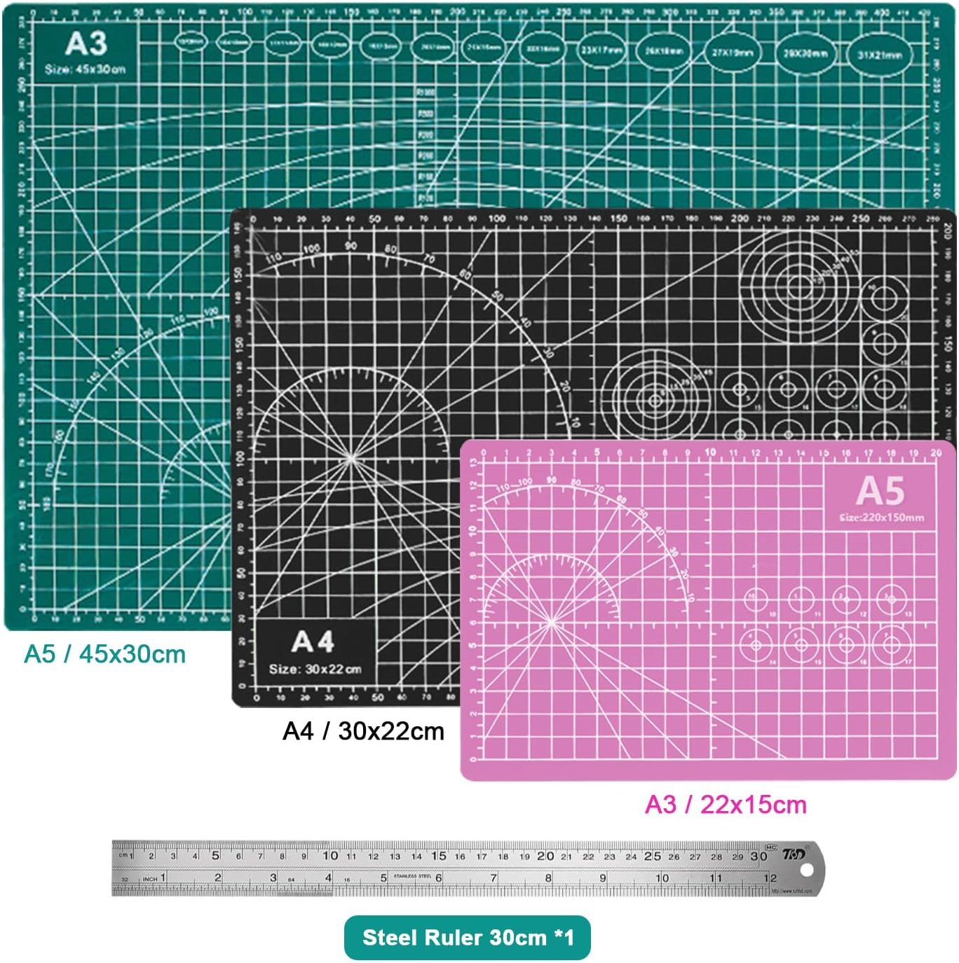 3Pcs Cutting Mat,Self Healing Cutting Mat A3 A4 A5,Double Sided Cutting Mats, Dressmakers Cutting Mat, Great for Scrapbooking, Quilting (A3(Green) A4(Black) A5(Green)) image number 6