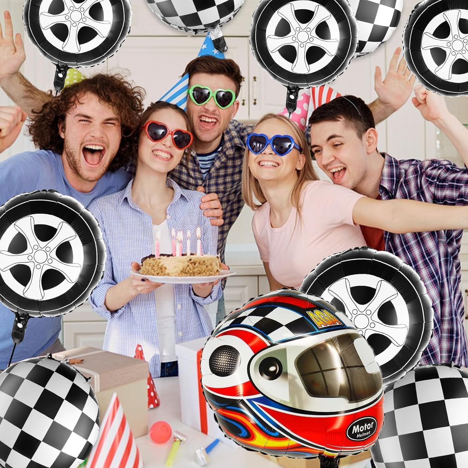 15 Pieces Race Car Balloons, Black and White Checkered Car Tire Balloons Aluminum Foil Checkered Flag Balloons for Racing Theme Birthday Party Decoration Supplies 18 Inch image number 4