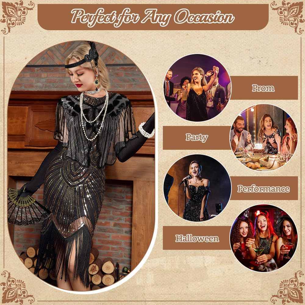 WOTOW 1920S Great Gatsby Accessories for Women - 9PCS Roaring 20S Gatsby Costume Set with Shawl Flapper Headband Necklace Extendable Plastic Holder Gloves Earrings Stockings for Party Halloween image number 5