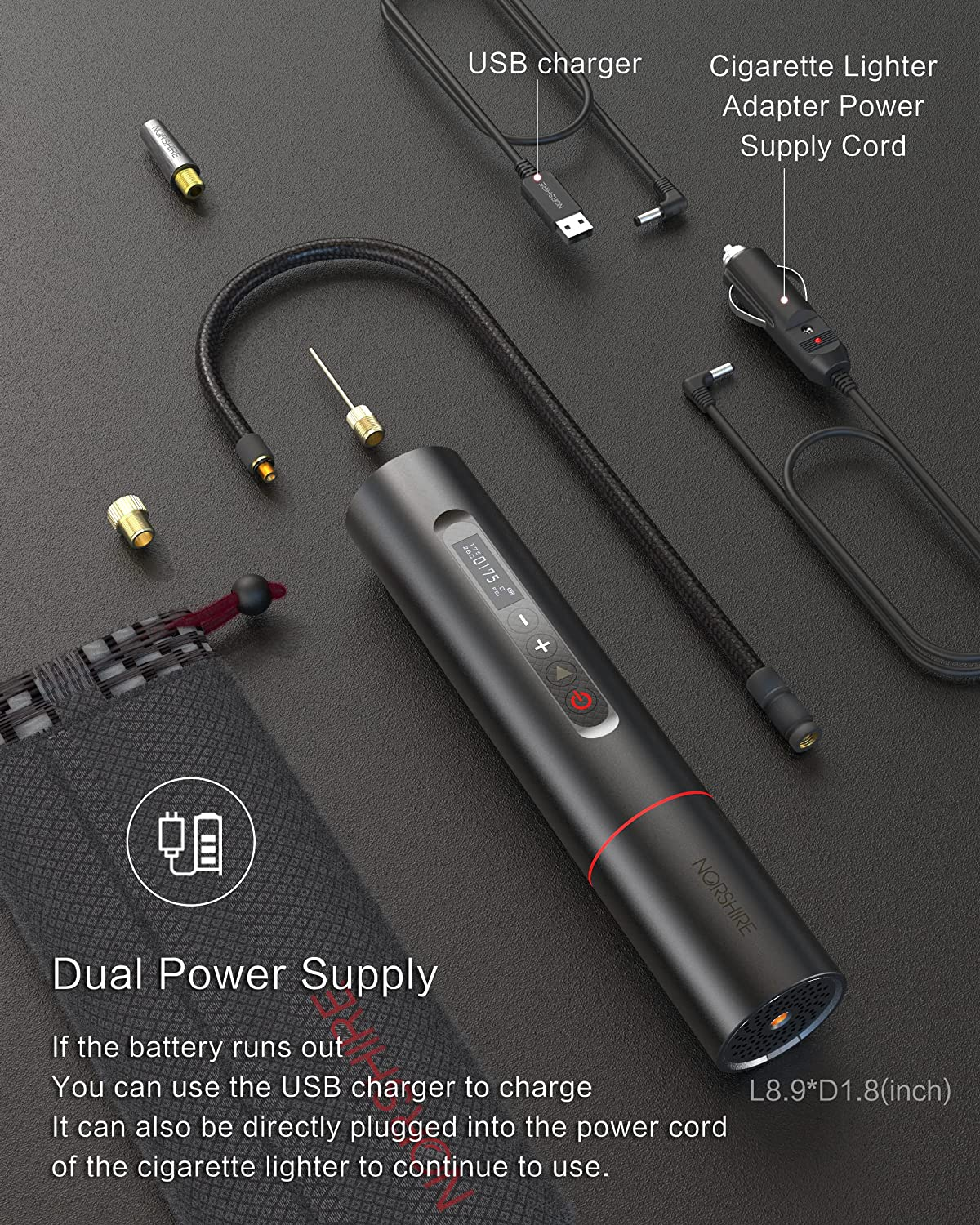 Norshire Tire Inflator Digital Portable Air Compressor with 90% Metal and 0.01 Precision, TFT Color Touch Screen Display, Rechargeable Li-Ion Battery, for Bike, Car, Ball image number 3