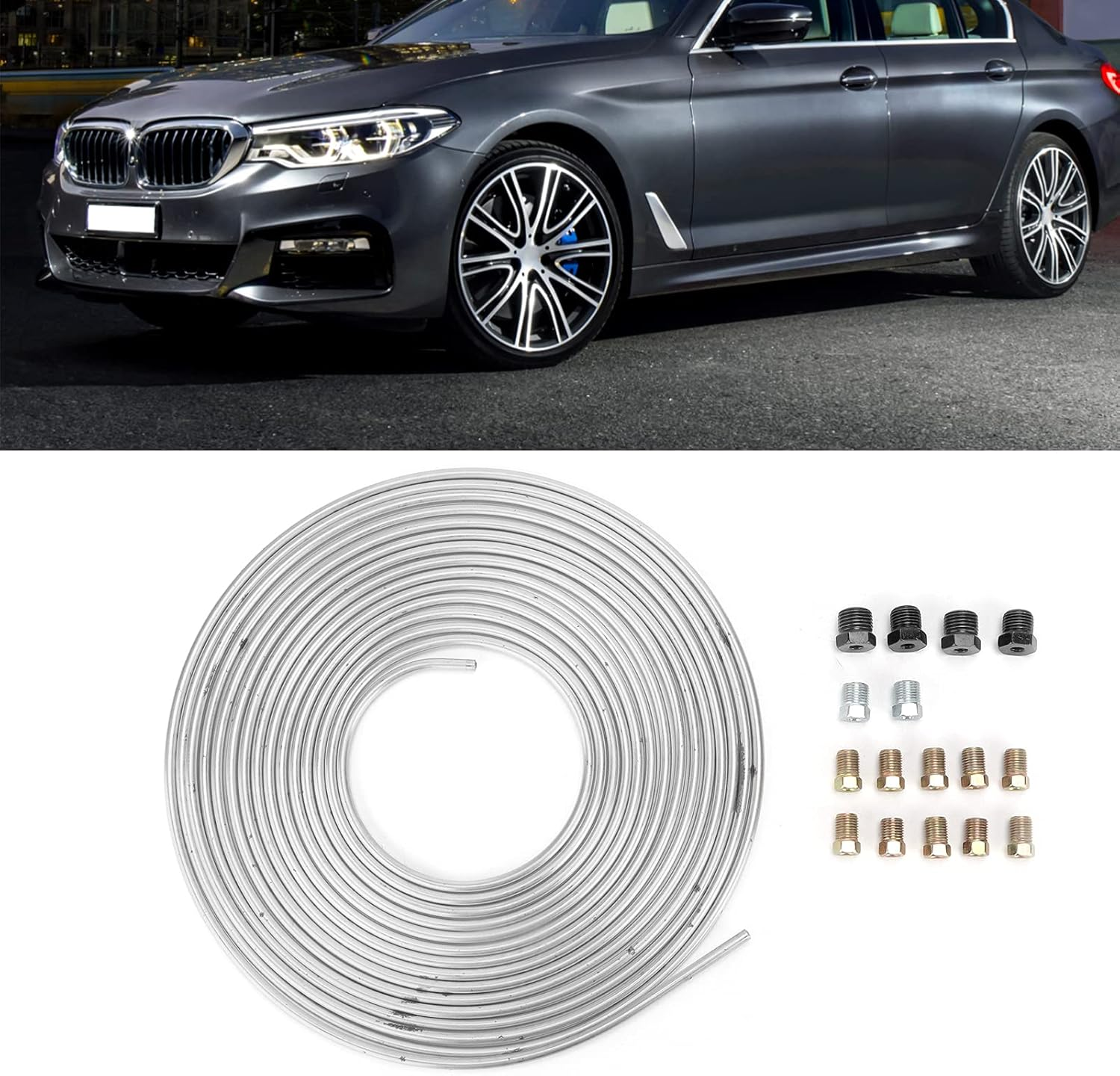 25Ft Brake Line Tubing, Copper Nickel Plated, 3/16In OD with Fittings, for Hydraulic Braking Fuel System, Silver image number 4