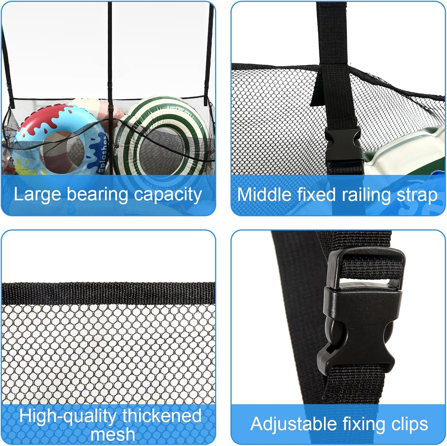 Pool Float Storage Bag,Adjustable Pool Toys Organizer Hanging Mesh Bag with 3 Side Pockets for Rafts,Balls,Floats,Inflatable Toys,High Strength Pool Toy Storage Net Bag,Swimming Pool Accessories image number 3