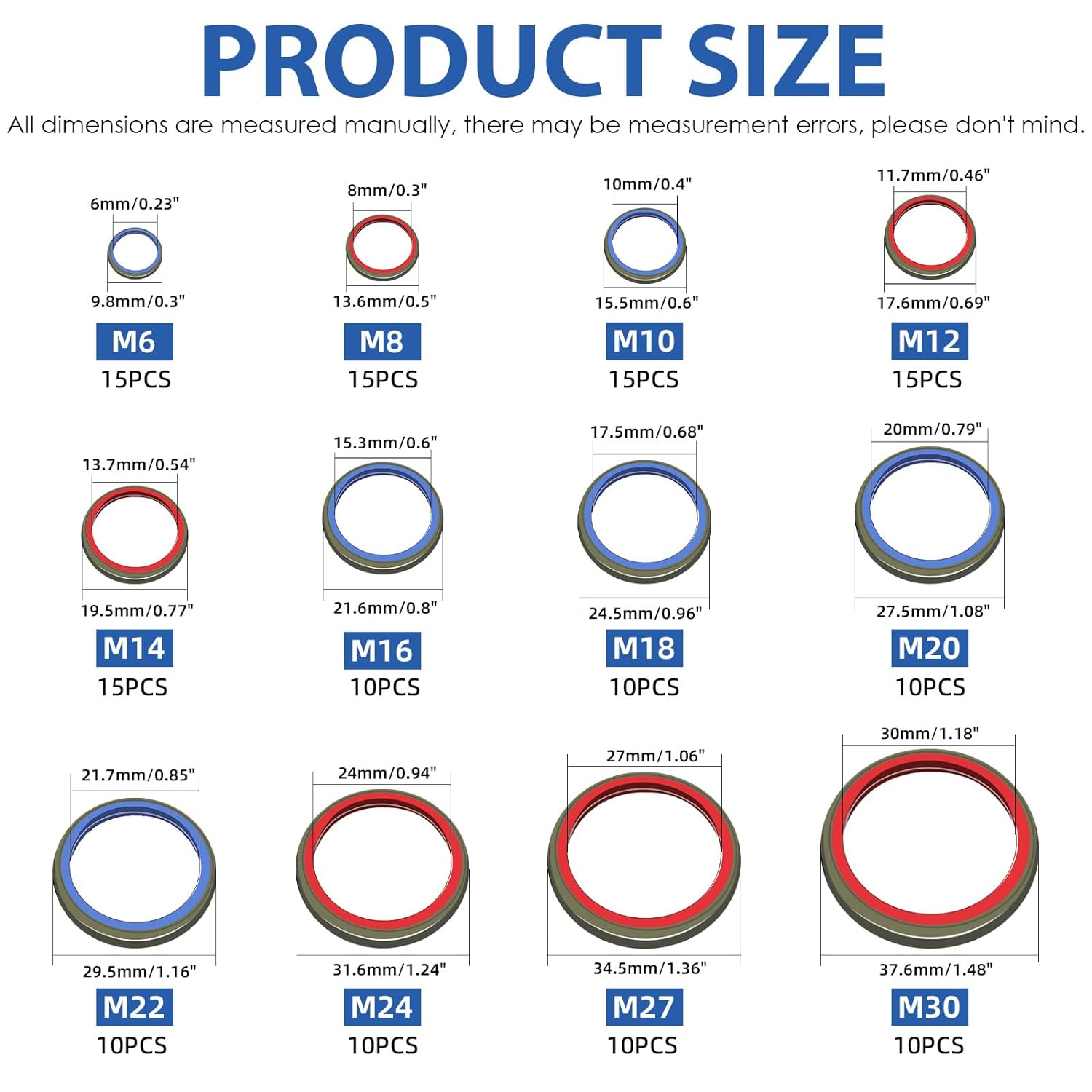Glarks 145Pcs Sealing Gasket Kit NBR Metric Metal Oil Drain Plug Gasket Assortment Kit Bonded Seal Washer Combination Oil Sealing O-Ring Fit 12 Sizes M6 M8 M10 M12 M14 M16 M18 M20 M22 M24 M27 M30