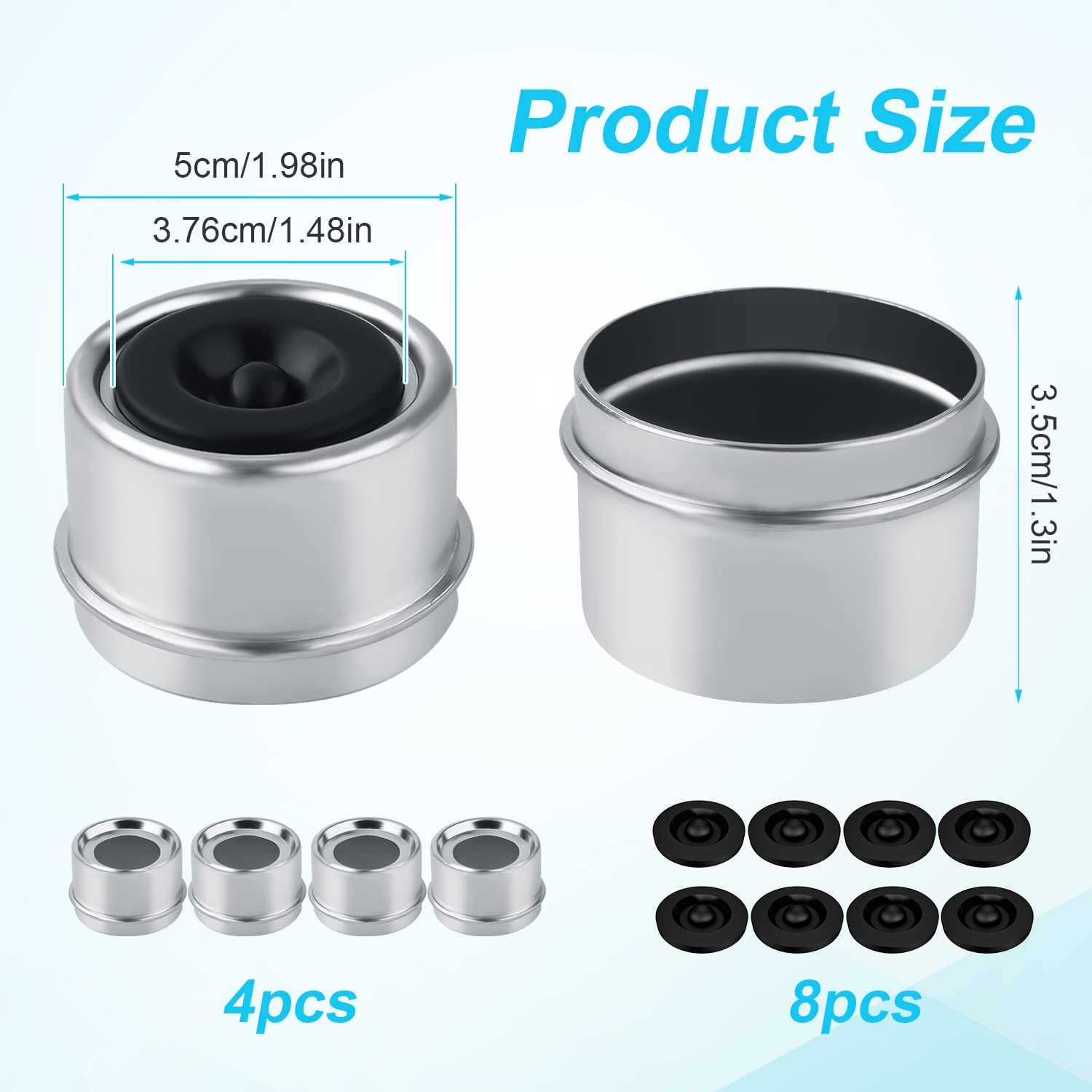 TOYMIS 4 Set Trailer Hub Cap and Bearing Grease Plugs, 1.98" Bearing Caps for Most 2000 to 3500 Pound Axles Dexter, Hub Dust Caps with 4Pcs Extra Rubber Grease Plugs image number 6