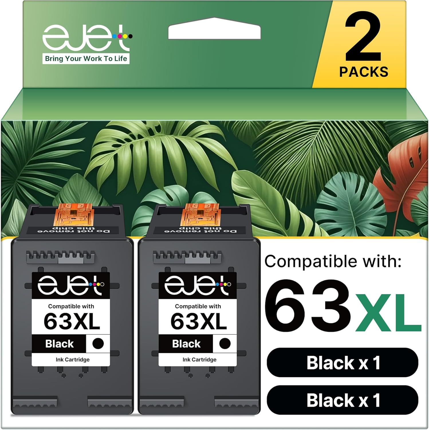 Ejet Remanufactured Ink Cartridge Replacement for HP 63XL 63 XL, High Yield Work with Officejet 3830 4650 5255 Envy 4520 4512 4516 Deskjet 1112 3630 3634 3632 2132 Printer (2 Black) image number 2