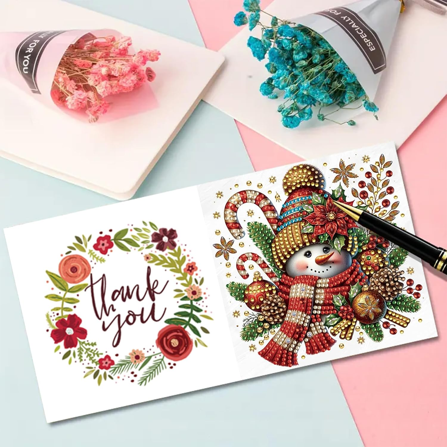 Awesocrafts 6Pcs Diamond Art Christmas Cards Craft Kits XXX, DIY Diamond Painting Cards Sets, 5D Diamond Art Cards with Envelopes, Postcards for Handmade Gift, Xmas Gift 30 * 15Cm (Snowman) - Animal image number 4