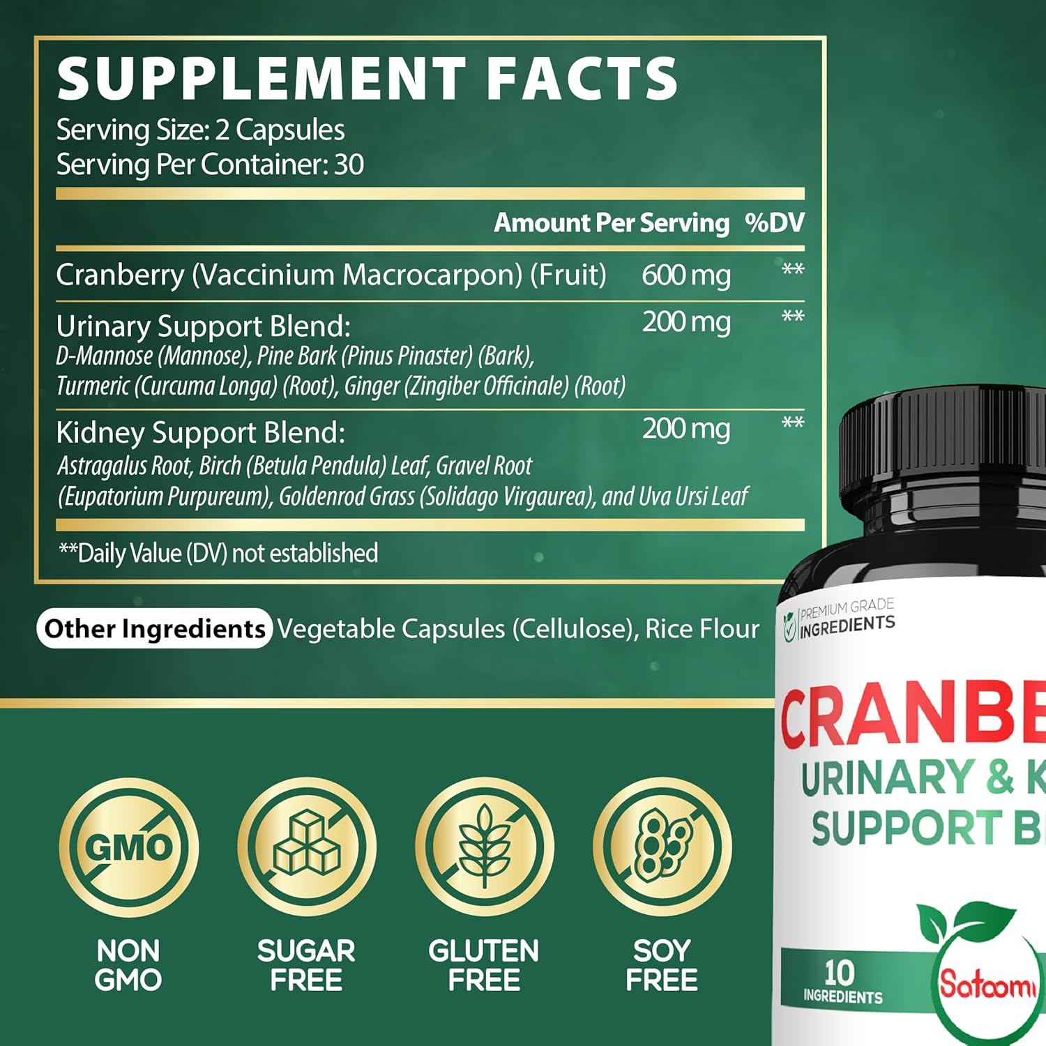 SATOOMI Cranberry Pills for Women - Combined with D-Mannose, Pine Bark, Uva Ursi Leaf & More - 60 Capsules image number 2