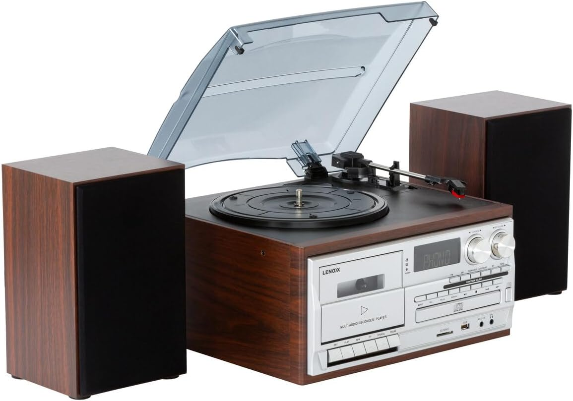 Lenoxx Home Entertainment System with Turntable, Cassette Player, USB Port, SD Slot, CD, and Wireless Technology 5.0, 3-Speed Turntable, AM/FM Radio, Wooden Speaker Boxes - Brown image number 4