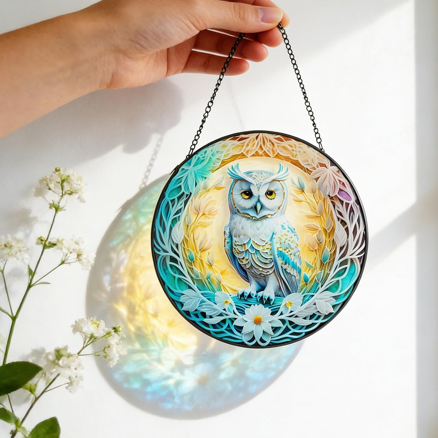 Owl Stained Glass Window Hanging,Colored Suncatchers, Christmas Ornaments,Suncatcher Gifts for Owl Lovers Decor for Home Garden (Style C) image number 1