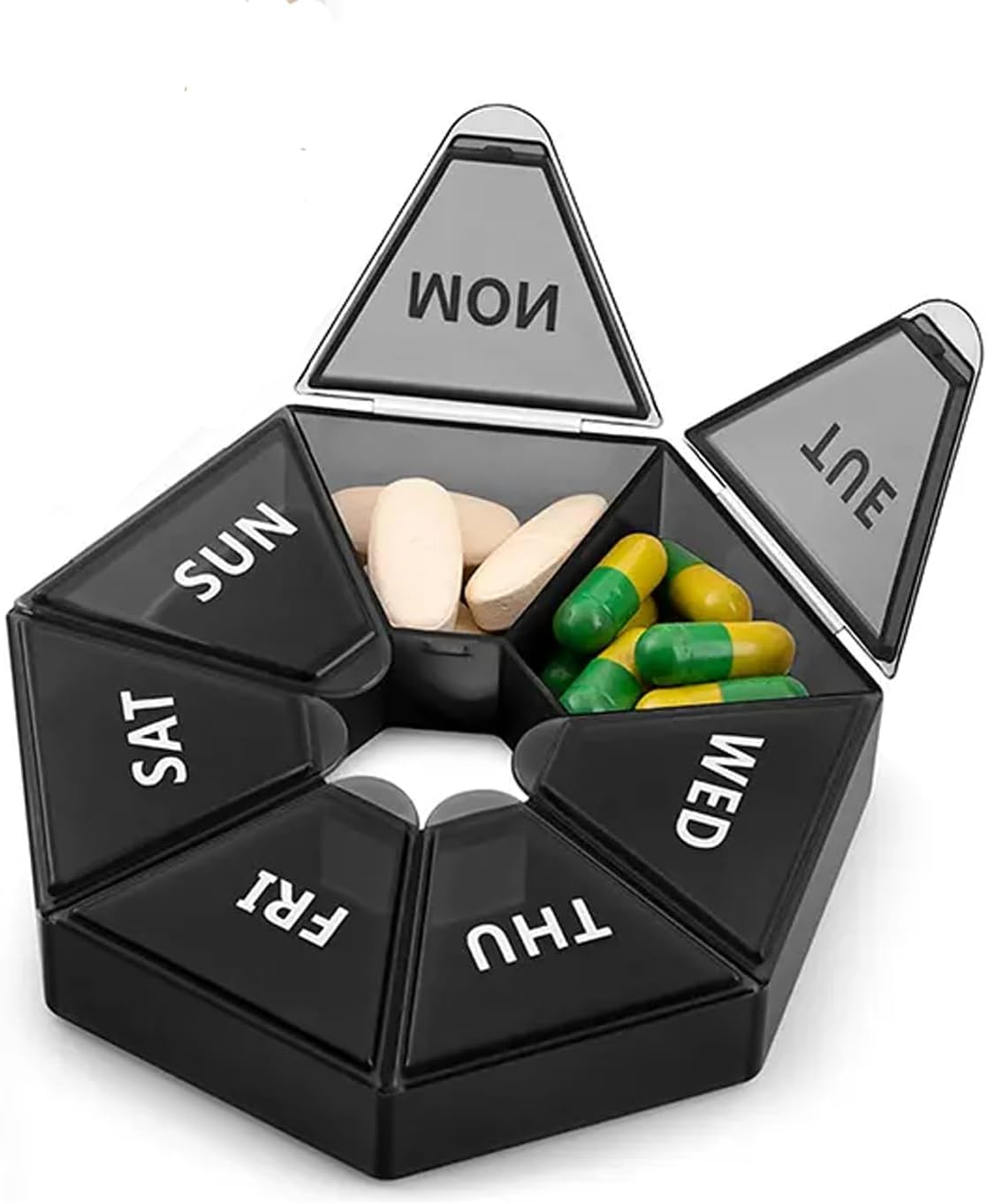 Weekly Pill Organizer, Portable Pill Organizers, with 7 Compartments, Travel Pill Case, for Vitamin, Medicine, Fish Oil, Supplements (Black)