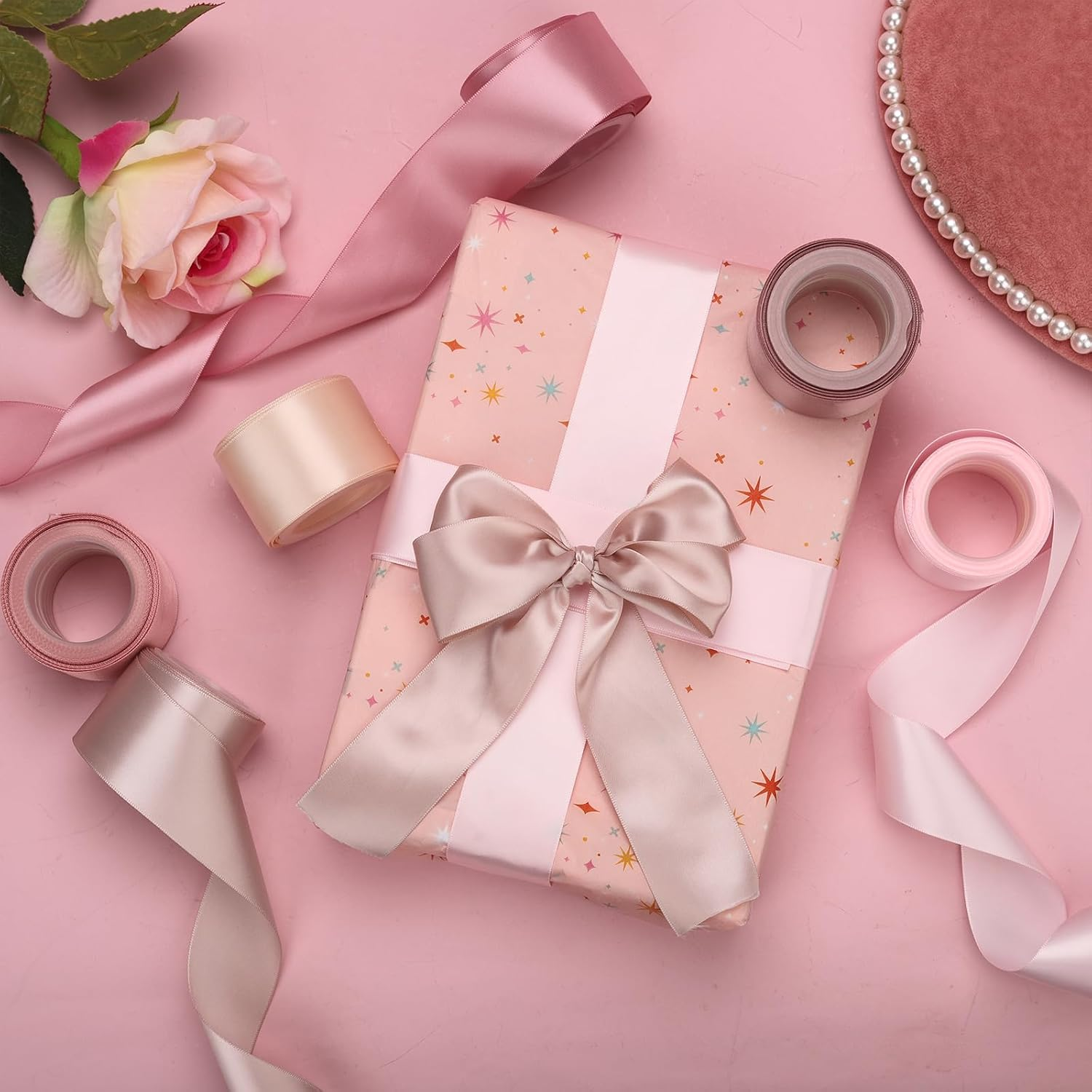 6 Rolls Ribbons for Flower Bouquet, 1.5 Inch X 30 Yards Double Face Satin Ribbon Dusty Rose Wedding Ribbon Pink Silk Ribbon for Gift Wrapping Crafts Wedding Invitation Parties Baby Shower (6 Colors)