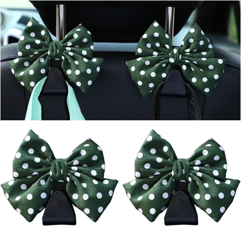 Mandark 2PCS Car Seat Headrest Hooks, Cute Bow Vehicle Hooks for Purses and Bags, Automotive Purse Hook Hanger Interior Decoration Accessories, Universal for SUV, Sedan, Truck (Black Line) - Black/Polka Dot image number 2
