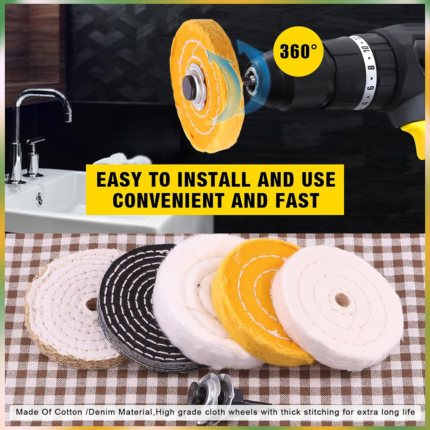 9Pcs 4'' Buffing Polishing Wheels Set Including Yellow(36Ply)/White(50Ply)/ Flannel(30Ply)/ Denim/Sisal Wheel with 1/2" Arbor Hole 3Pcs Compound and 1/4" Handle for Polishing image number 1