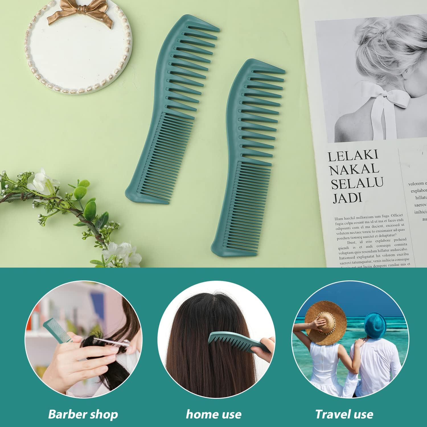 2PCS Hair Comb Set - Wide Tooth and Fine Tooth Plastic Hairstyle Combs for Men and Women - Large Barber Comb for Combing, Hairstyling, Trimming, Cutting (Green) image number 6